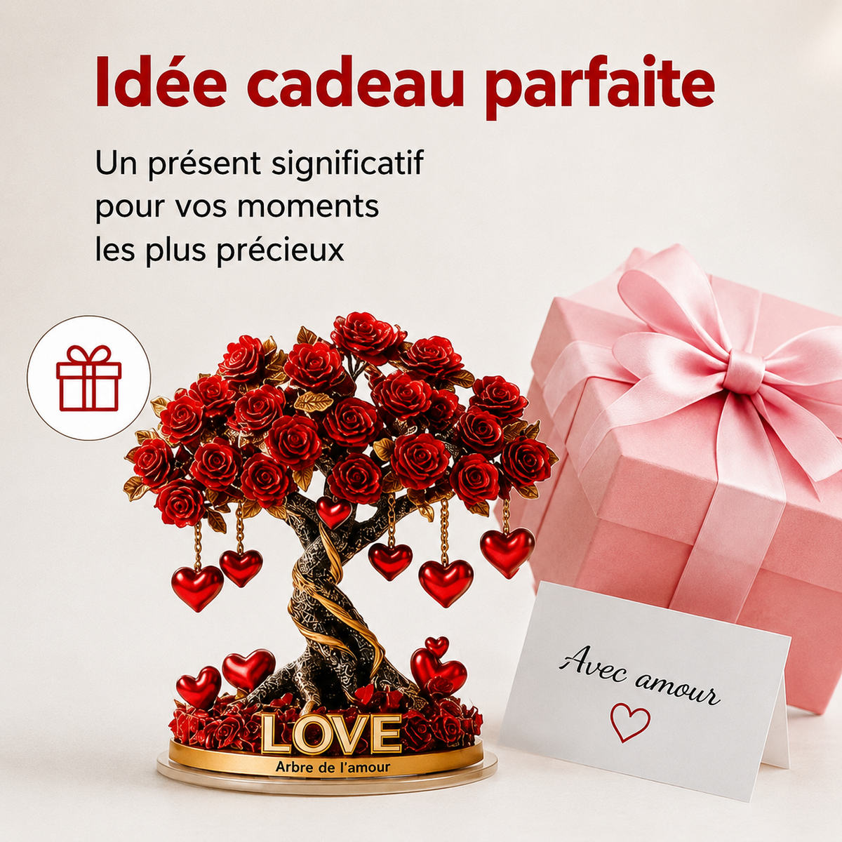 GEMA NOBLEHEART – Elegante árbol de rosas de cristal en forma de corazón con base dorada