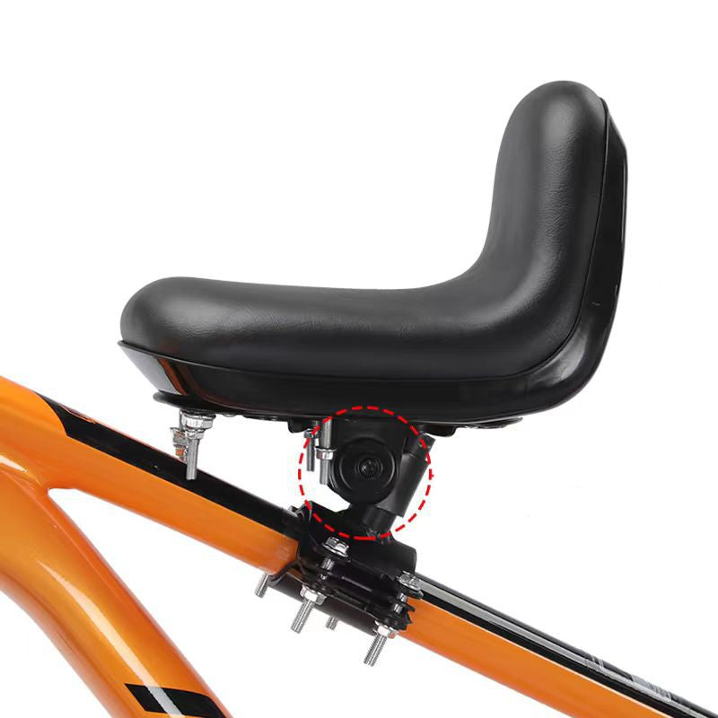 Asiento de bicicleta para niños montado en la parte delantera con reposapiés ajustables y barandillas de seguridad acolchadas