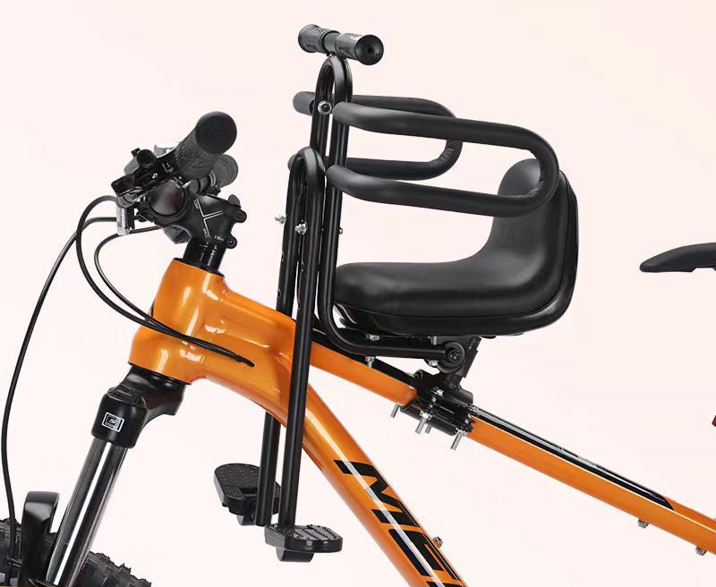 Asiento de bicicleta para niños montado en la parte delantera con reposapiés ajustables y barandillas de seguridad acolchadas