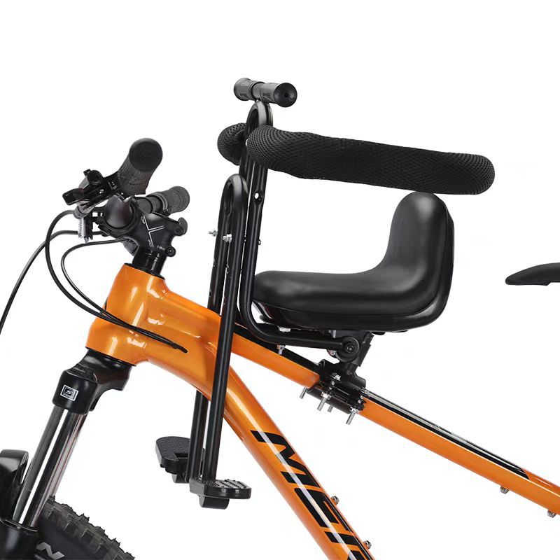 Asiento de bicicleta para niños montado en la parte delantera con reposapiés ajustables y barandillas de seguridad acolchadas