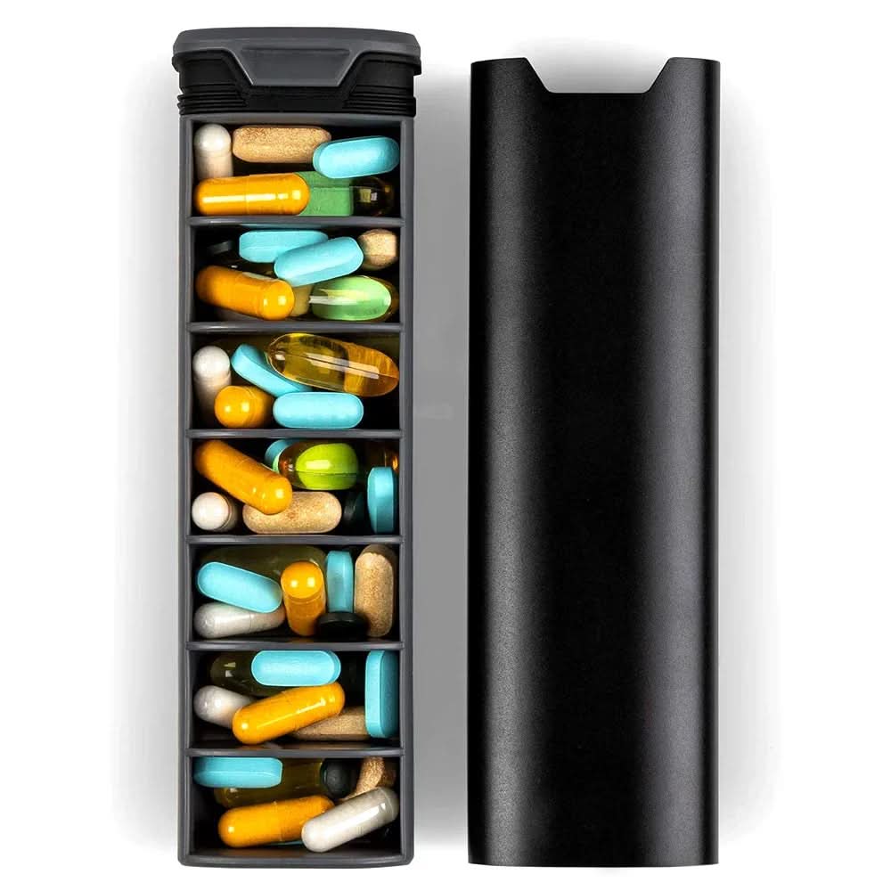 Organizador de Pastillas con 7 Compartimentos – Compacto y Duradero, Estructura Hermética, Días de la Semana Grabados