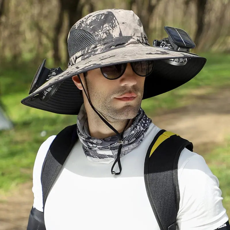 Sombrero de sol para exteriores con ventilador solar y carga USB