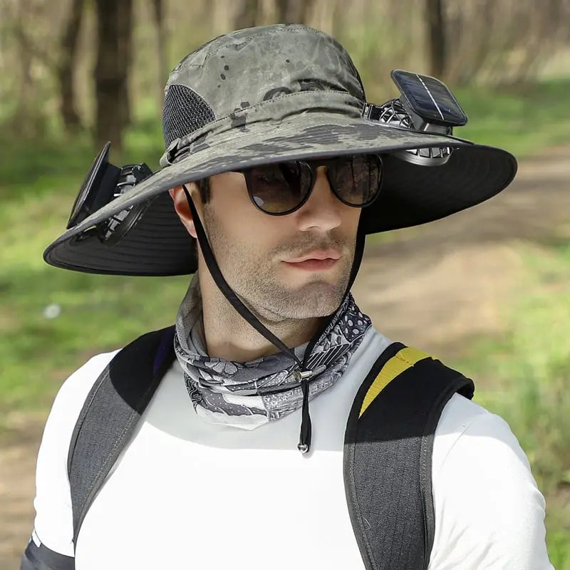 Sombrero de sol para exteriores con ventilador solar y carga USB