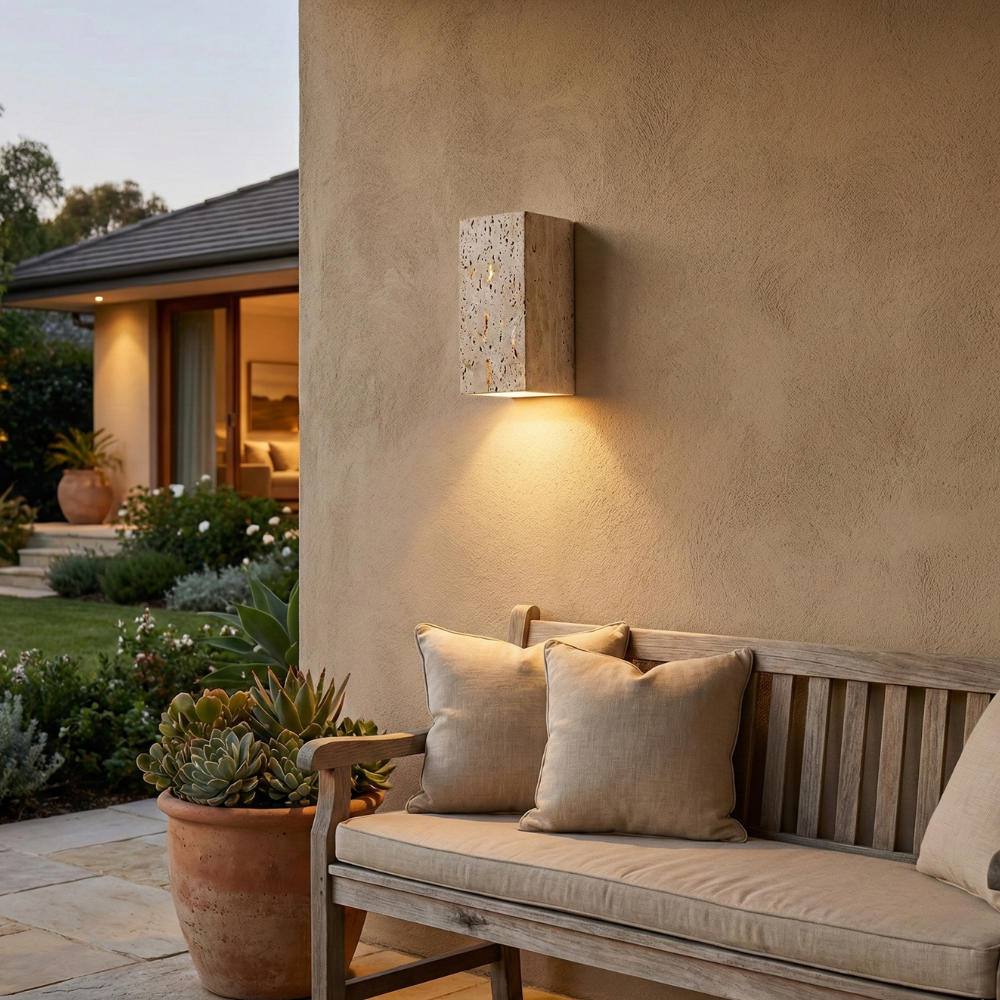 Lámpara de Pared Exterior Elegante Wabi Sabi | Lámpara de Pared de Piedra Travertina Impermeable para Jardín o Patio