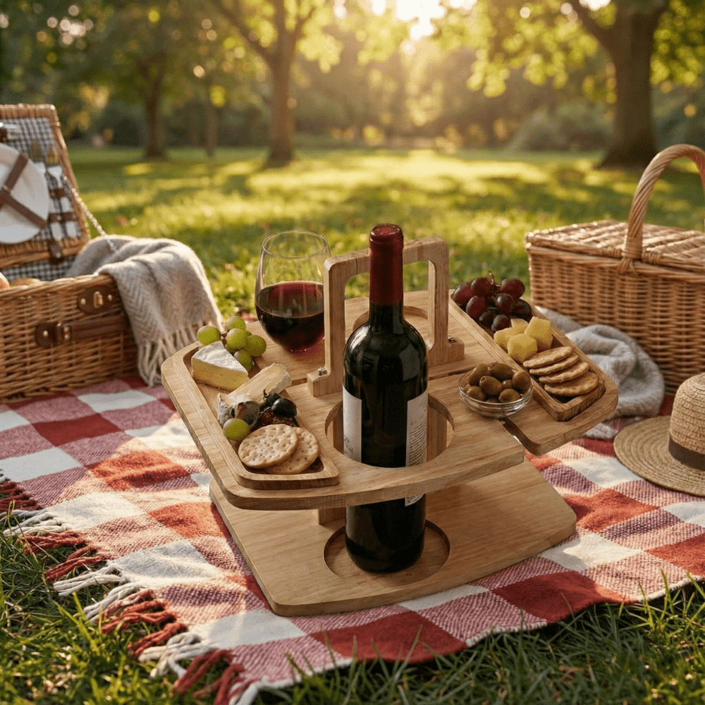 COUNTRYPLATE – Mesa de picnic de madera con compartimentos divididos para momentos especiales de vino