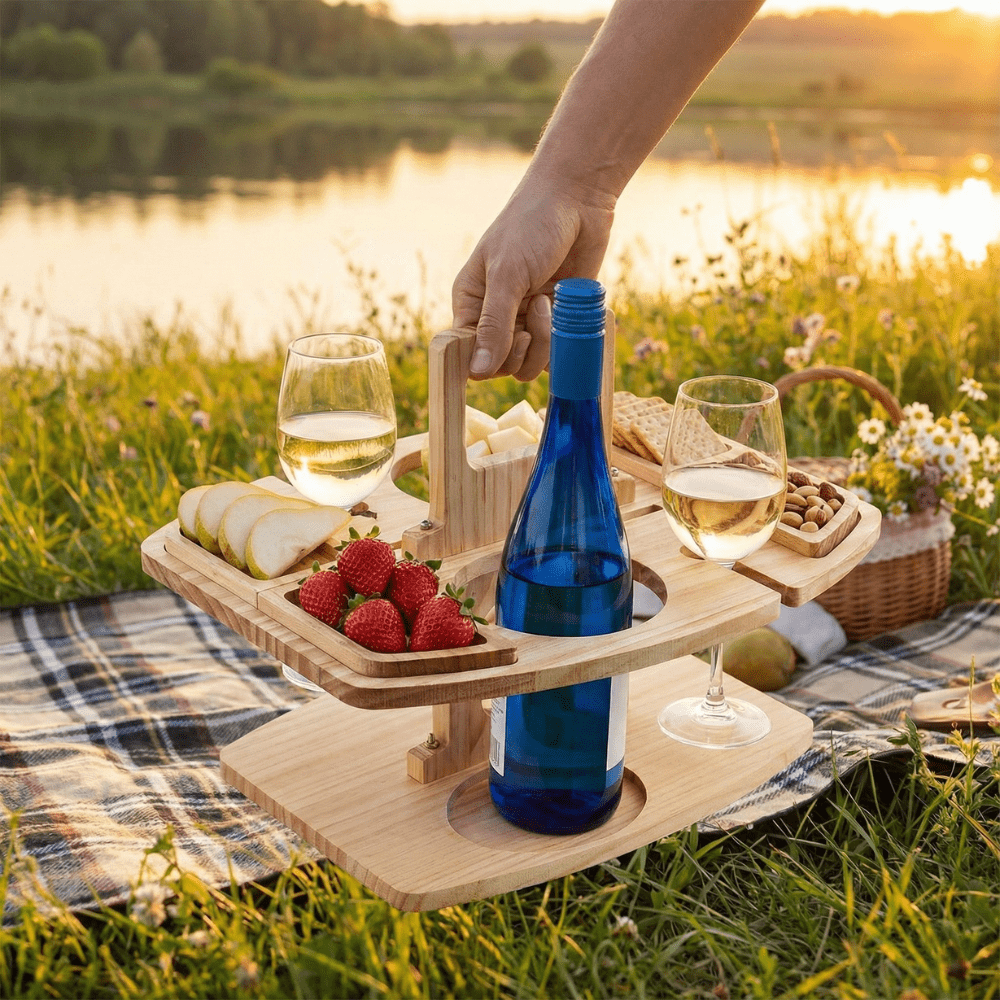 COUNTRYPLATE – Mesa de picnic de madera con compartimentos divididos para momentos especiales de vino