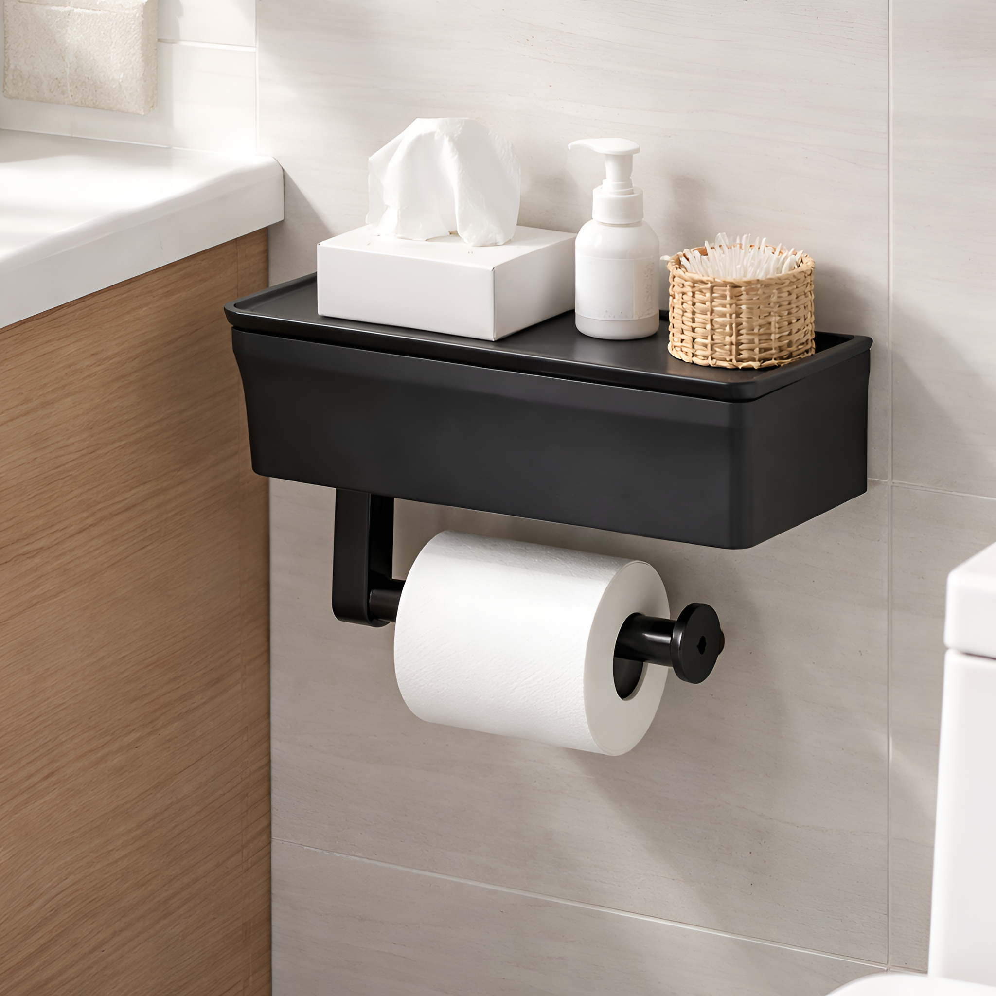Luxor - 2 en 1 Soporte Adhesivo para Papel Higiénico con Caja de Almacenamiento