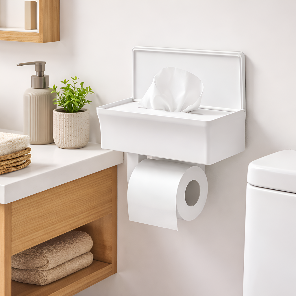 Luxor - 2 en 1 Soporte Adhesivo para Papel Higiénico con Caja de Almacenamiento