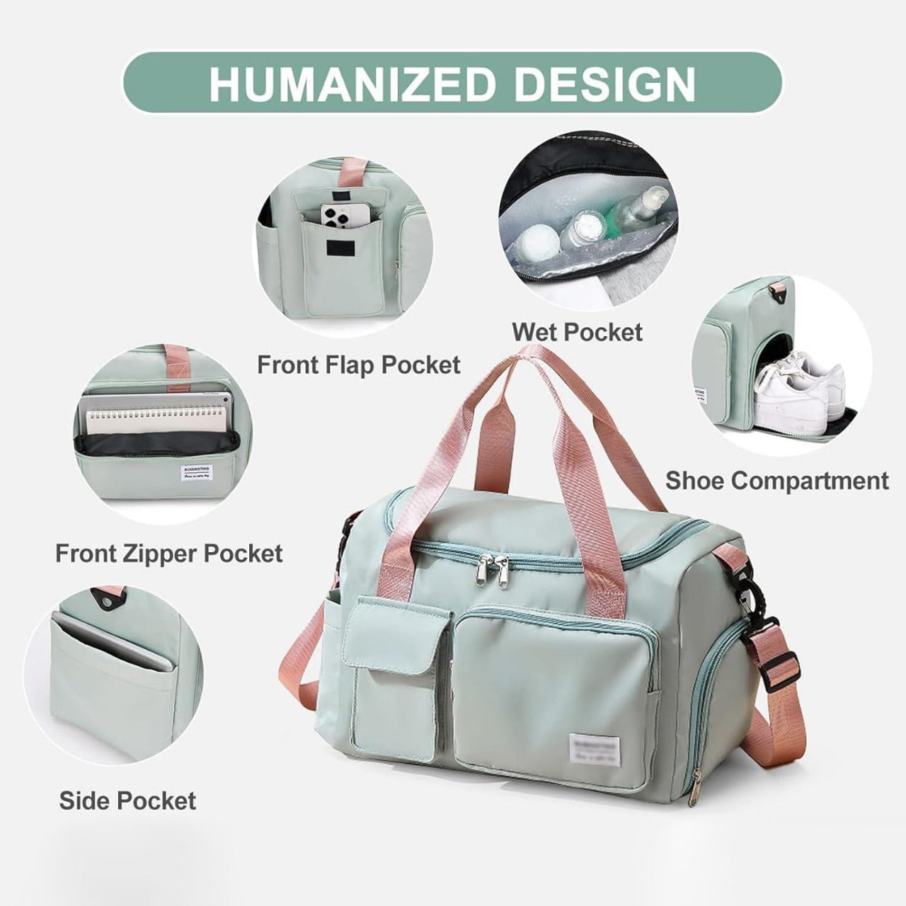 Bolsa de viaje multi-bolsillos, duffle deportiva y de gimnasio con compartimento separado para zapatos