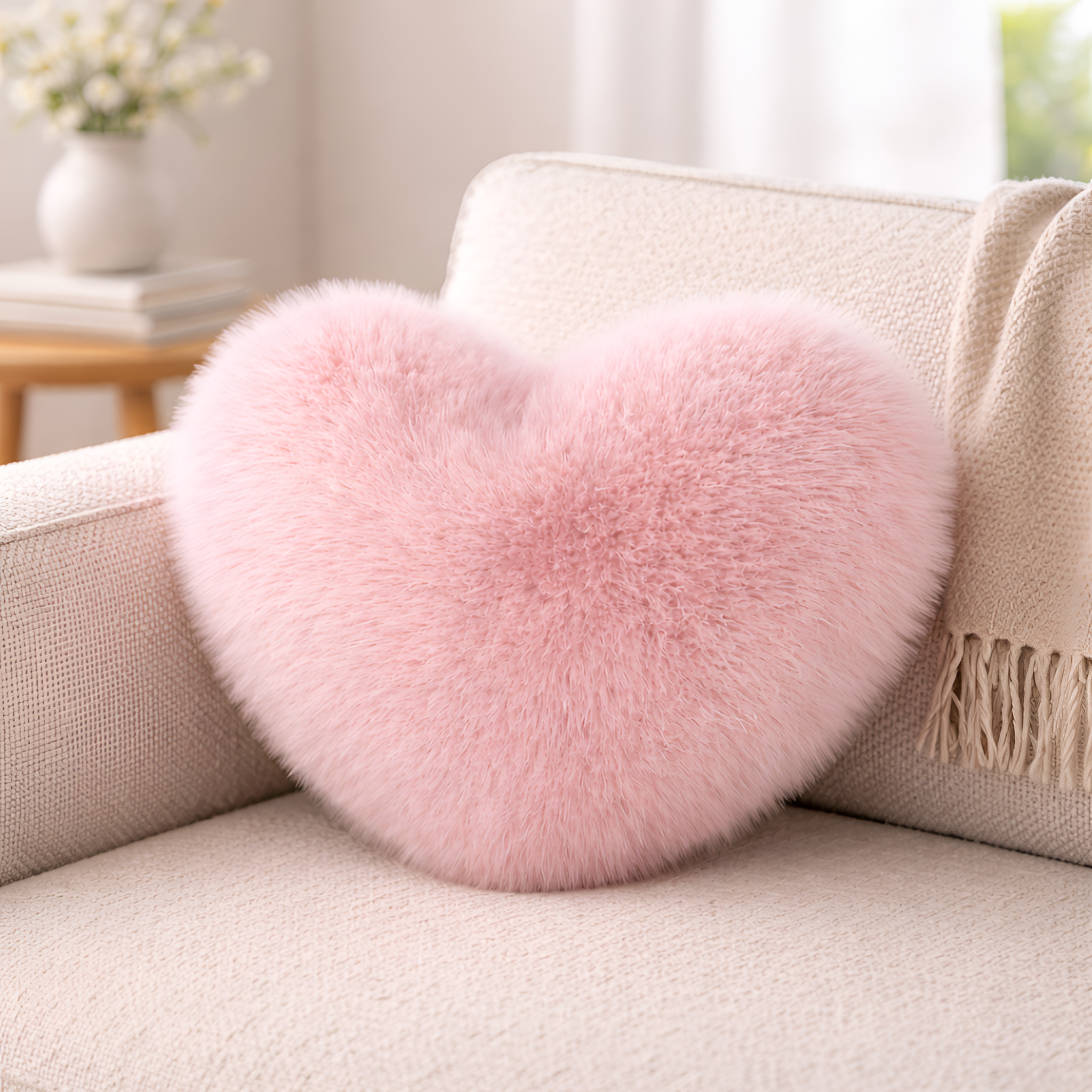 Harold - Cojín de Sofá Corazón de Peluche Imitación Piel de Zorro