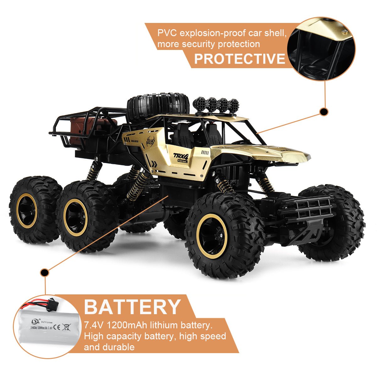 RC Monstertruck con tracción en 6 ruedas y luces LED - Coche teledirigido para aventuras y carreras