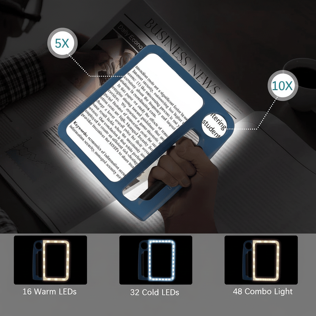SEHKOMFORT – Lupa de mano con LED y aumento de 5x/10x para una lectura clara