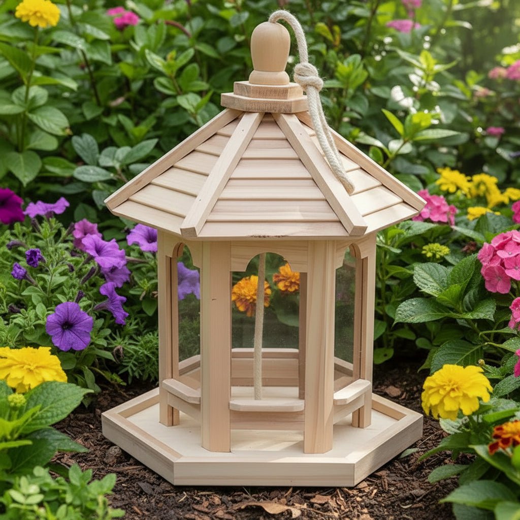NATUREWELL – Casa para pájaros rústica, hecha a mano, con sistema de agua integrado de madera