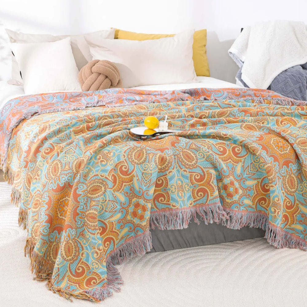 Manta Bohemia de Algodón Reversible con Diseño Paisley