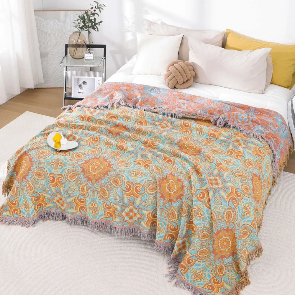 Manta Bohemia de Algodón Reversible con Diseño Paisley