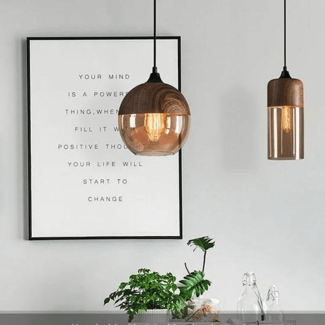 Royallure Lámpara de Techo Escandinava de Madera – Corona de Madera y Vidrio Ajustable