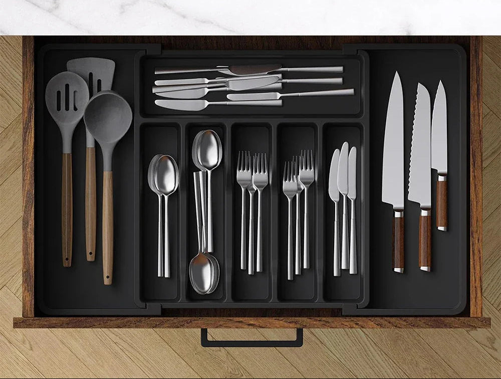 Organizador Expandible para Utensilios de Cocina con Ancho Ajustable – Compartimentos Dedicados para Cuchillos, Tenedores y Cucharas
