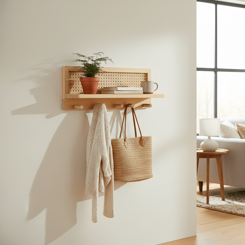 RACKOVA – Estante de madera para pared con 4 ganchos para presentación decorativa y espacio de colgado funcional