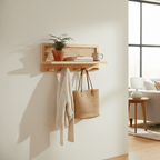 RACKOVA – Estante de madera para pared con 4 ganchos para presentación decorativa y espacio de colgado funcional
