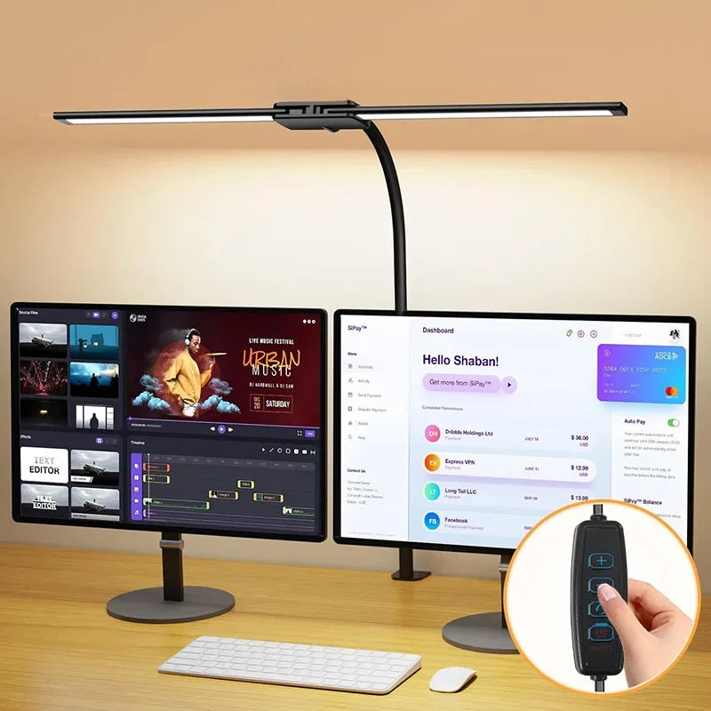 Lámpara de Escritorio LED Dimmable de Doble Cabeza con Clip para Oficina en Casa