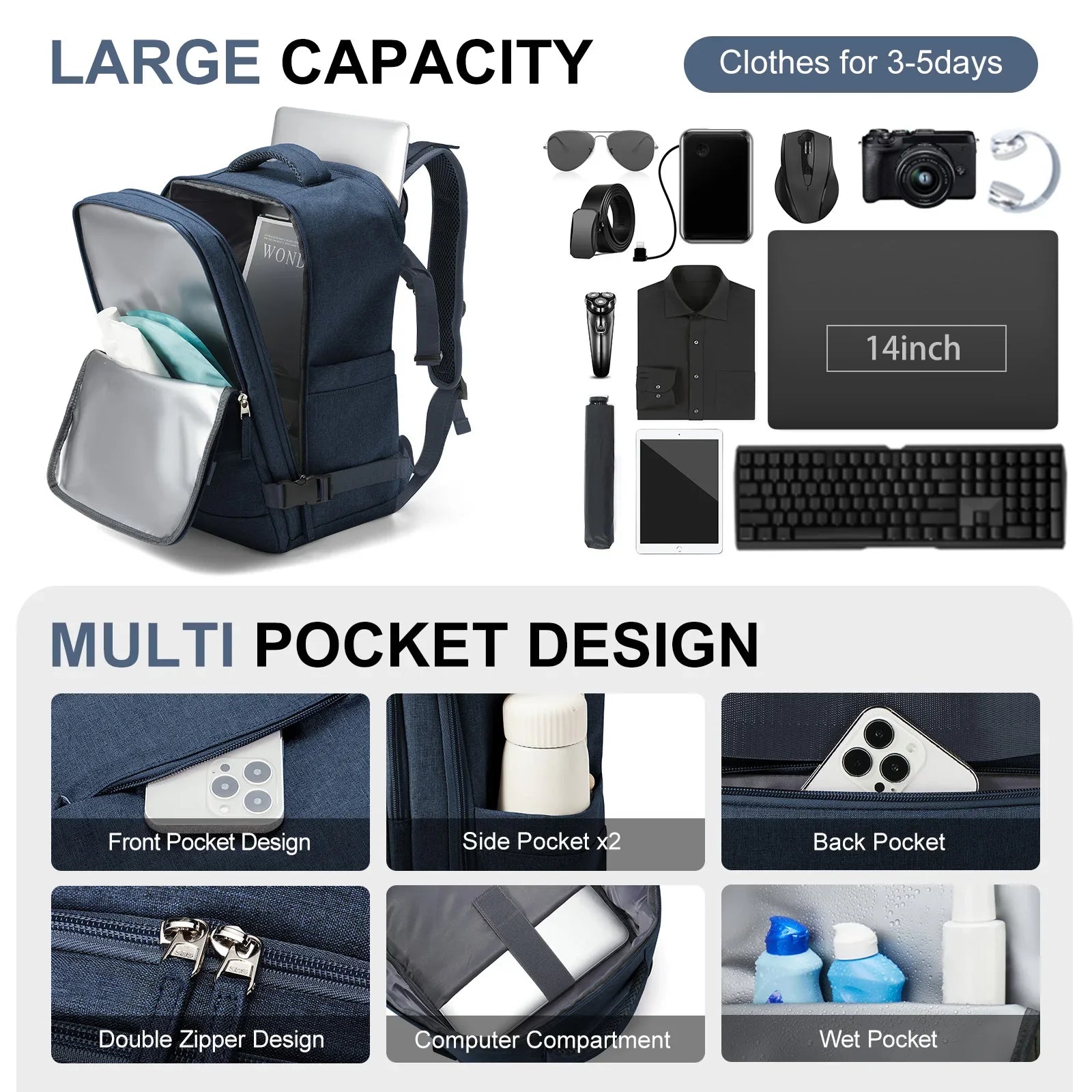 Mochila de viaje Travomate | Impermeable y versátil | Compartimento para laptop de 15,6" | Gran capacidad con separación húmeda-seca