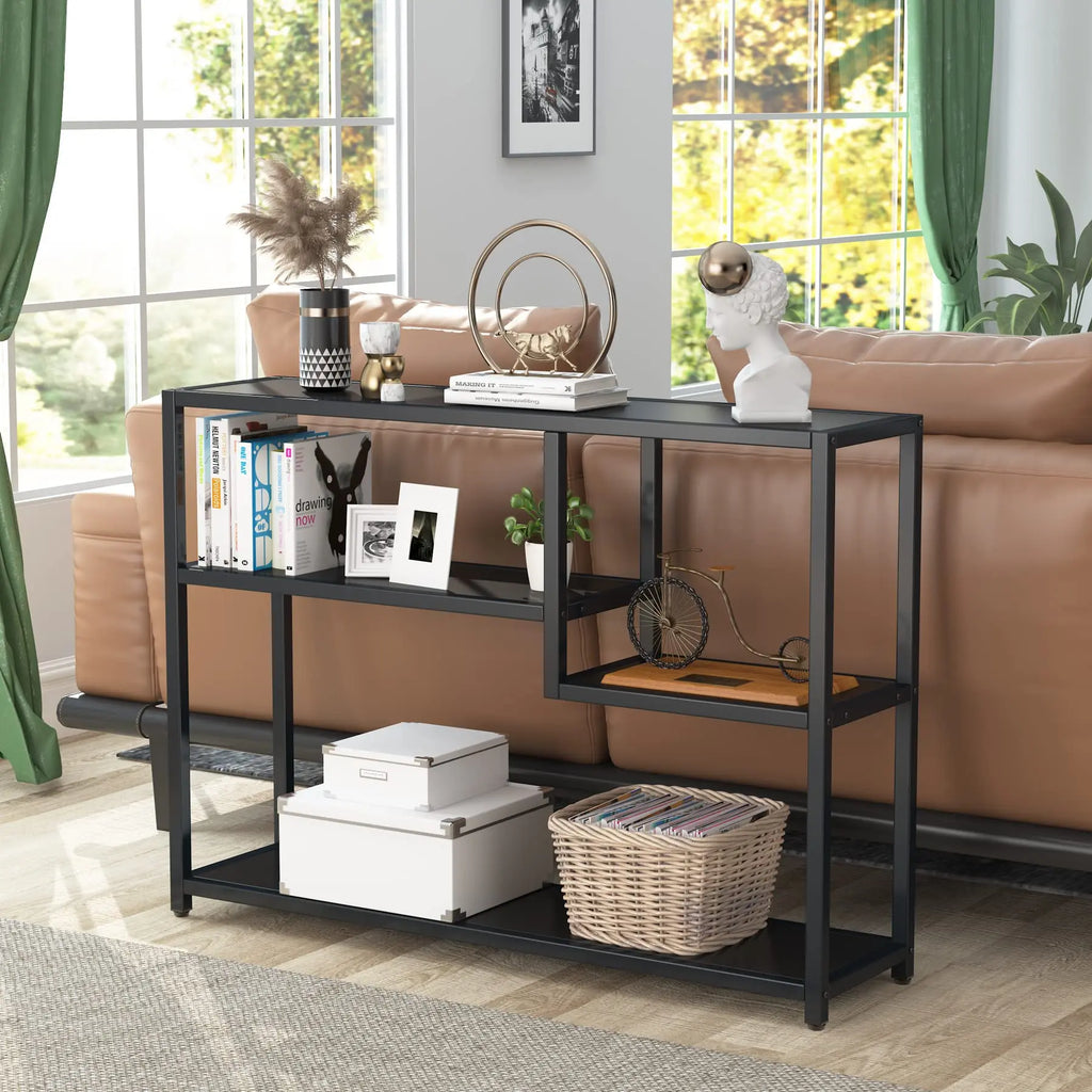 Mesa Consola Negra – Estante de Almacenamiento de 4 Niveles, Diseño Industrial, Para Entrada, Sala de Estar o Detrás del Sofá
