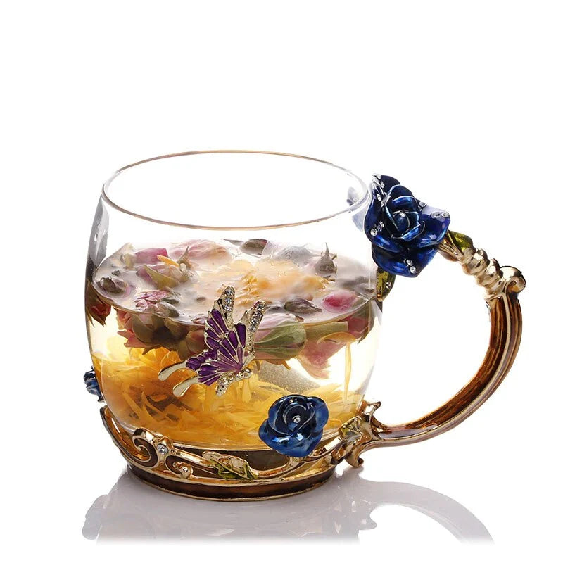 Taza de Cristal de Rosa Azul de Lujo