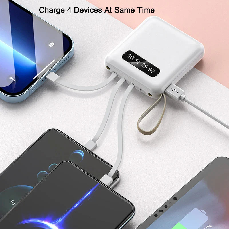 Mini-Powerbank con pantalla de espejo | 20.000 mAh | Función de carga rápida y cables integrados | Para iPhone, Samsung, Xiaomi y más