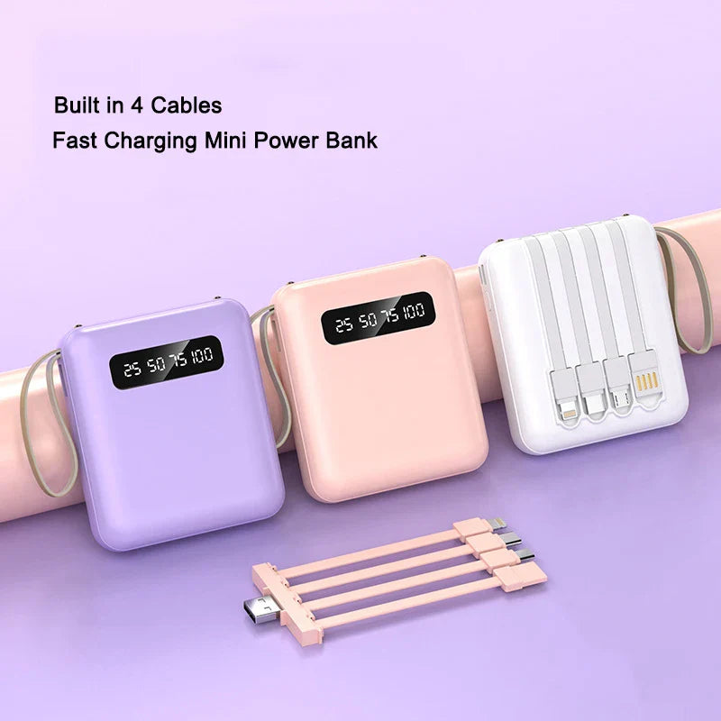 Mini-Powerbank con pantalla de espejo | 20.000 mAh | Función de carga rápida y cables integrados | Para iPhone, Samsung, Xiaomi y más