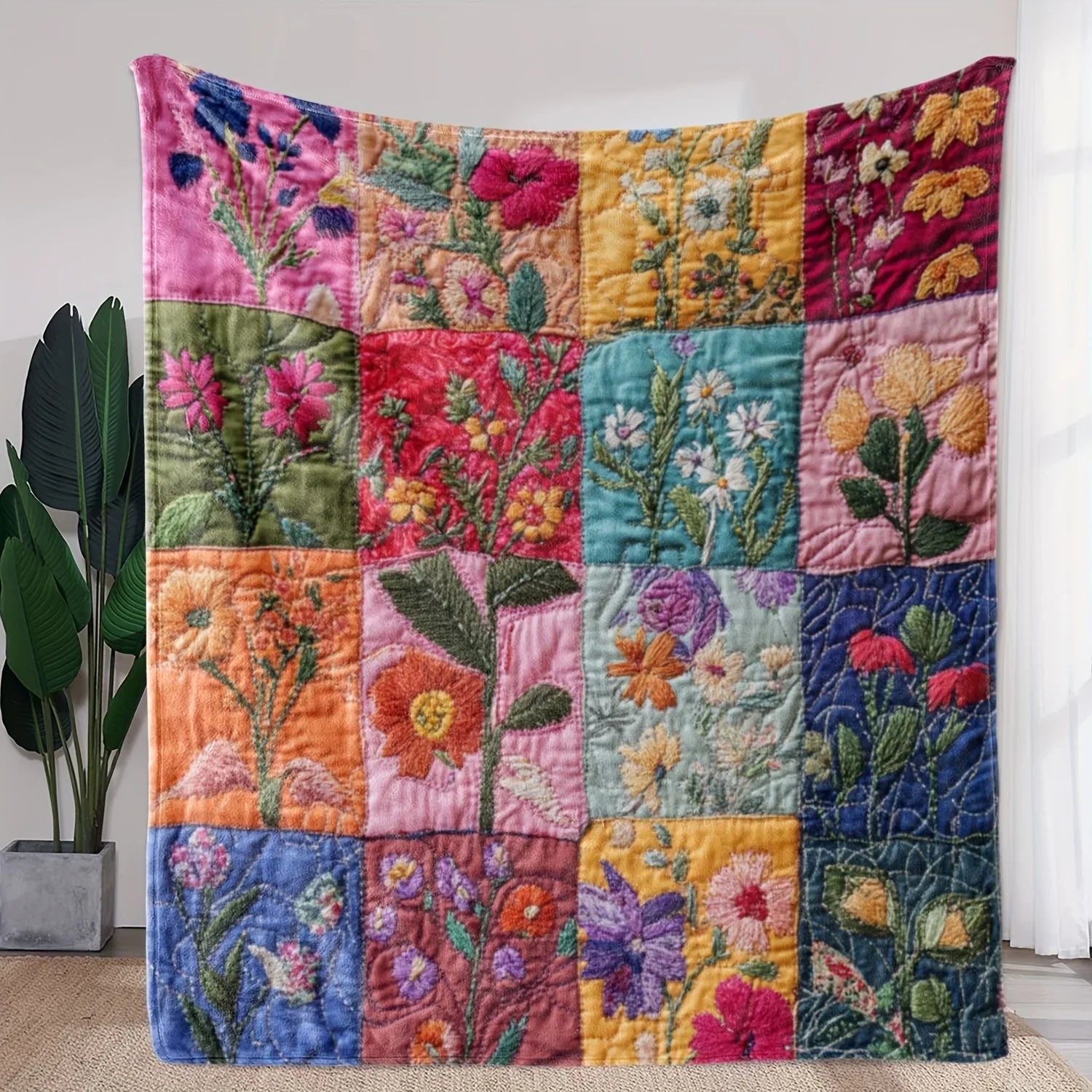 Manta Patchwork VintageBloom | Suave Franela | Diseño Floral y Bordado | Sofá, Cama y Viajes