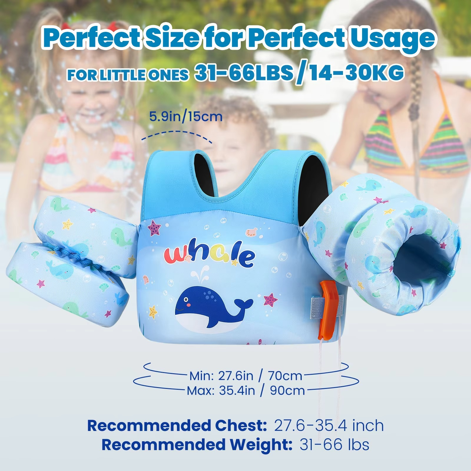 Kalsten | Chaleco de Flotación de Espuma para Niños con Manguitos y Silbato de Seguridad para Nadar y Hacer Kayak