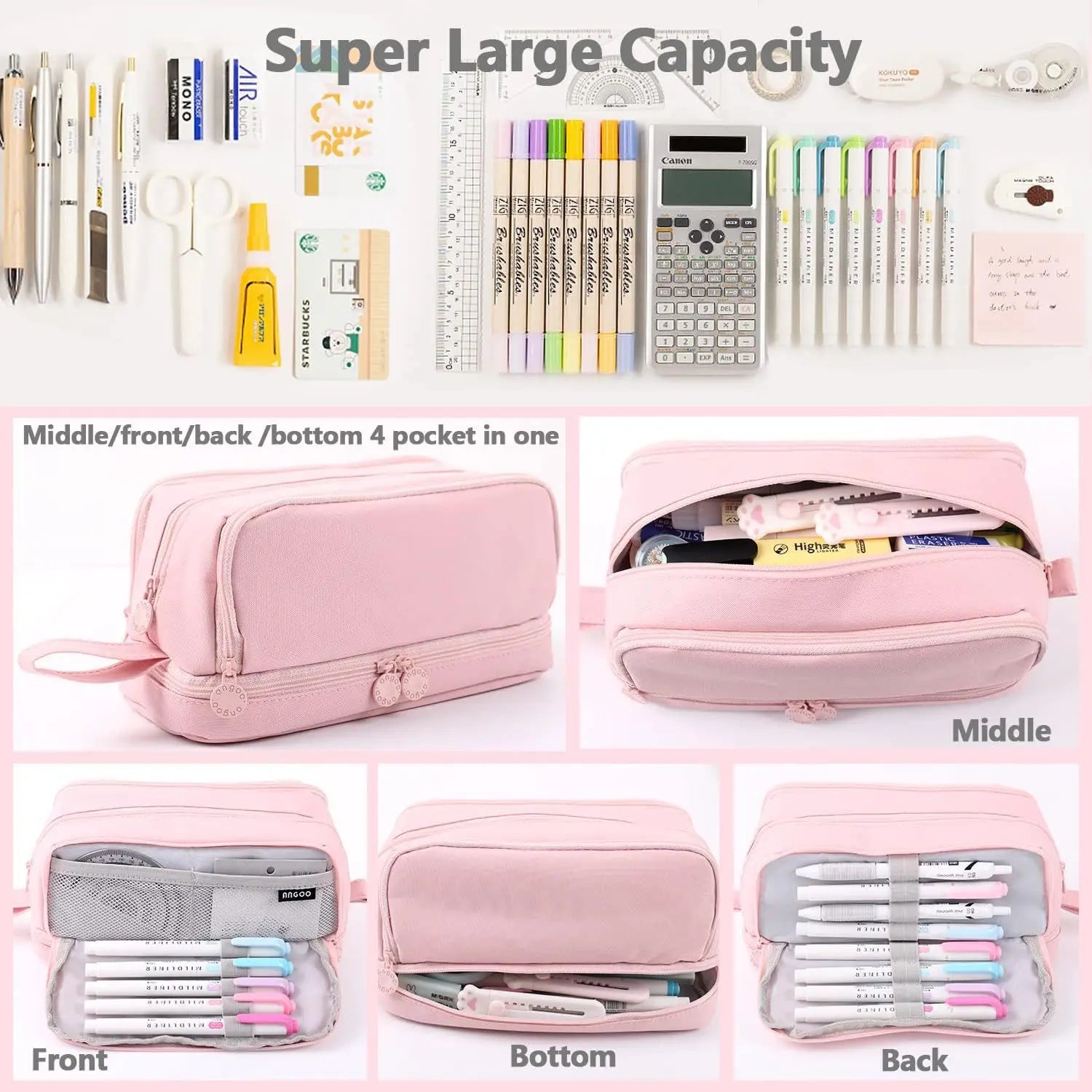 Estuche de lona negra con compartimento para regla | Estuche | Funda de doble capa para uso escolar