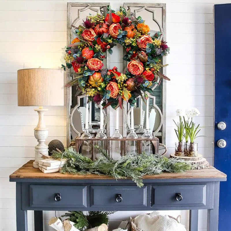 Encanto Otoñal Corona de Puerta de Otoño | Calabaza y Ratan | 40 cm | Decoración Artesanal para Otoño y Acción de Gracias