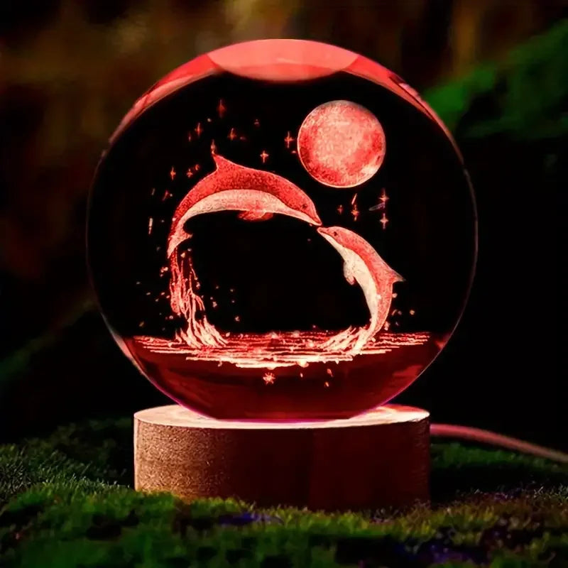 Mariluna Bola de Cristal Delfín | Grabado en 3D con Láser & Base LED | Motivo Lunar y Marino