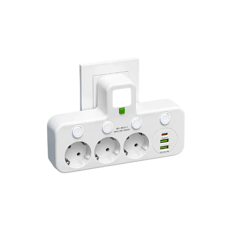 Regleta VOLTRIQ ProLine | 3–4 tomas + 2× USB & 1× Tipo-C | 2500 W | Protección contra sobretensiones & Interruptor de control