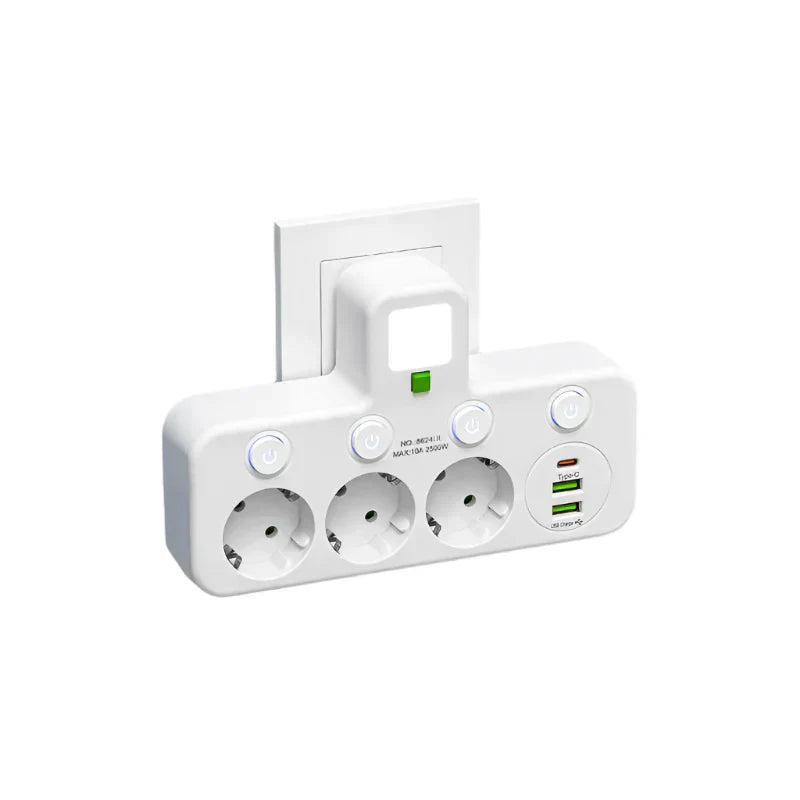 Carvallo VOLTRIQ ProLine | 3–4 tomas + 2× USB & 1× Tipo-C | 2500 W | Protección contra sobretensiones & Interruptor de control