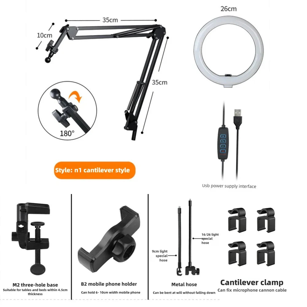 Luz de anillo LED LumiFlex con brazo flexible y soporte para teléfono | 3 colores de luz y conexión USB | Perfecto para livestream, video y selfies
