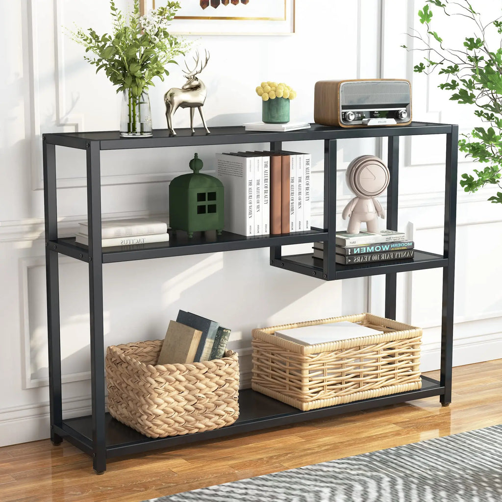 Mesa Consola Negra – Estante de Almacenamiento de 4 Niveles, Diseño Industrial, Para Entrada, Sala de Estar o Detrás del Sofá