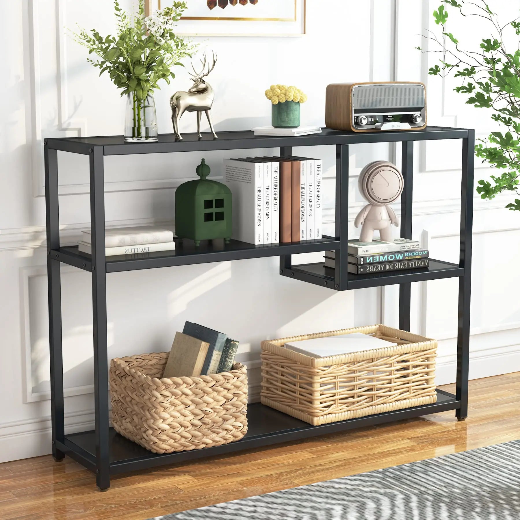 Mesa Consola Negra – Estante de Almacenamiento de 4 Niveles, Diseño Industrial, Para Entrada, Sala de Estar o Detrás del Sofá