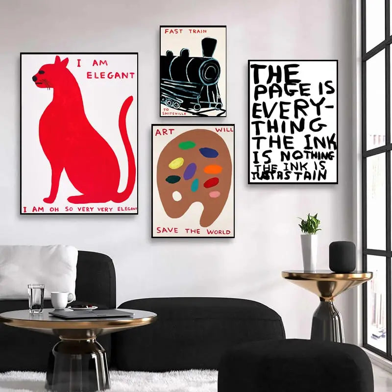 Lisslune | David Shrigley Conejo Gato Vino Galleta Tren Arte de Pared Impresiones Abstractas Pintura en Lienzo Póster Nórdico Imágenes Decoración de Sala de Estar