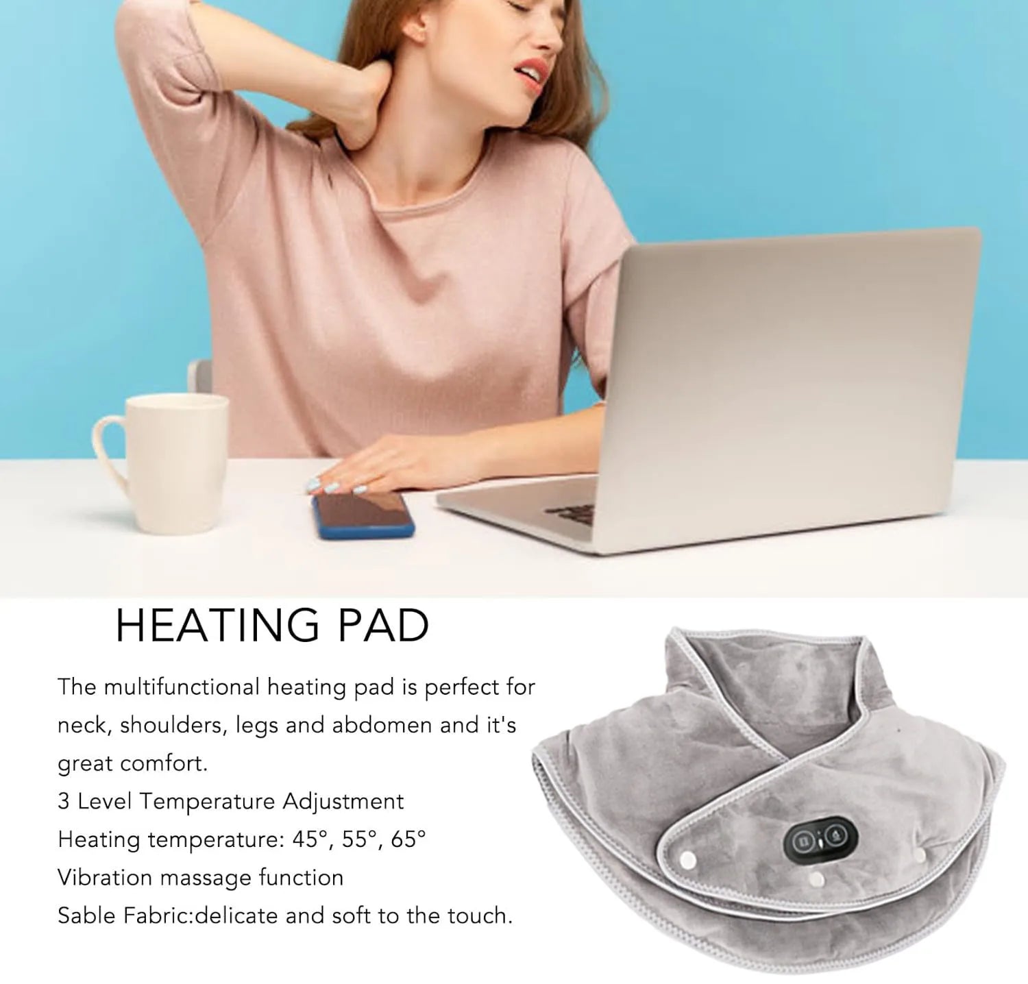 Masajeador de cuello y hombros térmico ThermoLiva | Almohadilla térmica USB con vibración | 3 niveles de temperatura y temporizador | Suave felpa