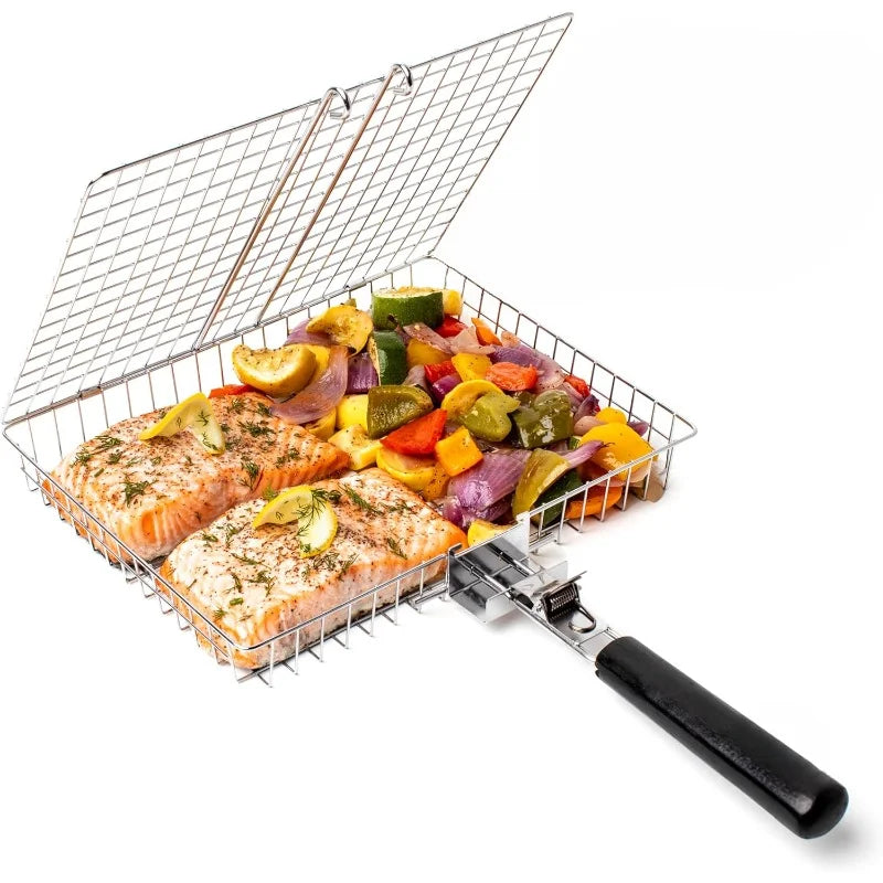BBQGrid | Parrilla portátil con mango | Ideal para pescado, verduras y camarones | Acero inoxidable