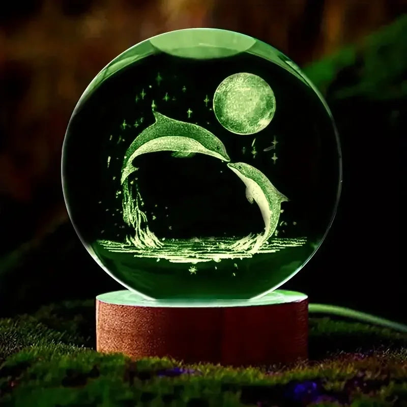 Mariluna Bola de Cristal Delfín | Grabado en 3D con Láser & Base LED | Motivo Lunar y Marino