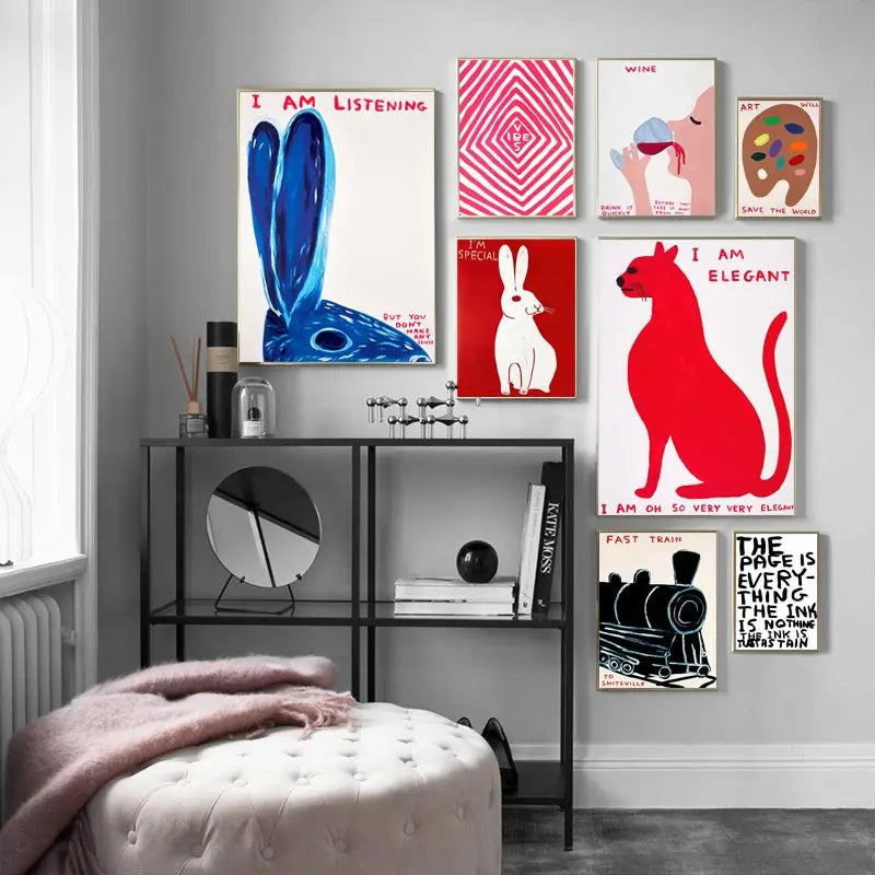 Lisslune | David Shrigley Conejo Gato Vino Galleta Tren Arte de Pared Impresiones Abstractas Pintura en Lienzo Póster Nórdico Imágenes Decoración de Sala de Estar