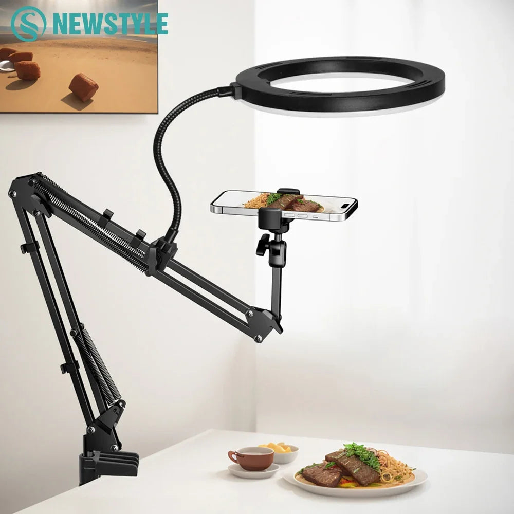 Luz de anillo LED LumiFlex con brazo flexible y soporte para teléfono | 3 colores de luz y conexión USB | Perfecto para livestream, video y selfies