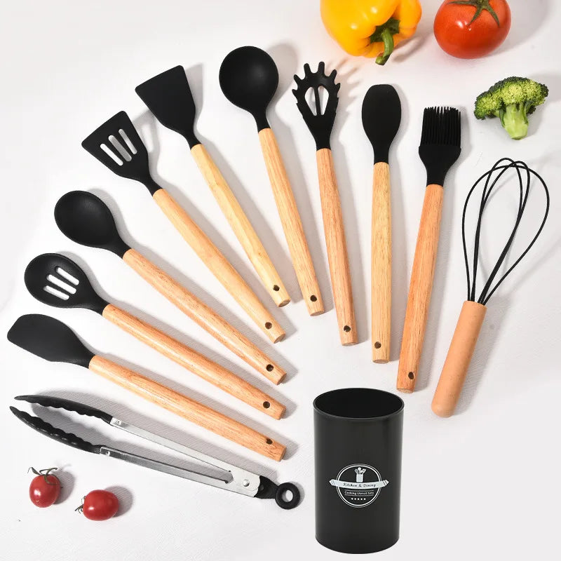 Juego de utensilios de cocina Culinora de silicona | Resistente al calor hasta 230 °C | 12 piezas con mangos de madera | Batidor, espátula, pinzas y más