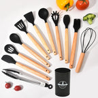 Set de Utensilios de Cocina de Silicona Culinora | Resistente al Calor hasta 230 °C | 12 piezas con Mangos de Madera | Batidor, Espátula, Pinzas y más