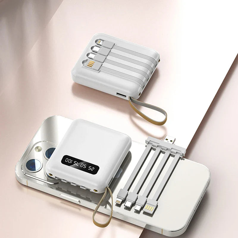Mini-Powerbank con pantalla de espejo | 20.000 mAh | Función de carga rápida y cables integrados | Para iPhone, Samsung, Xiaomi y más