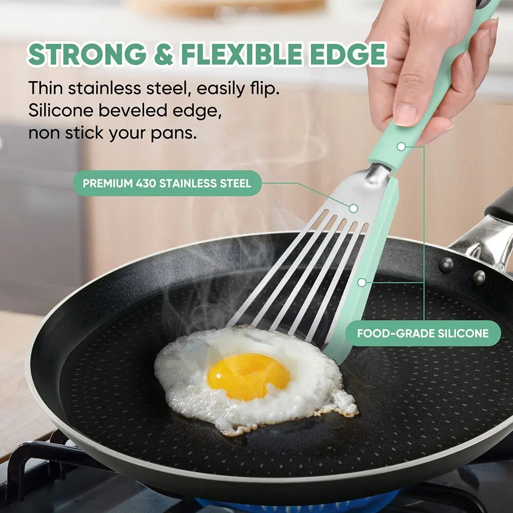 Lisslune | Espátula de Pescado con Borde de Silicona - Acero Inoxidable, Resistente al Calor, Espátula Ranurada para Cocinar