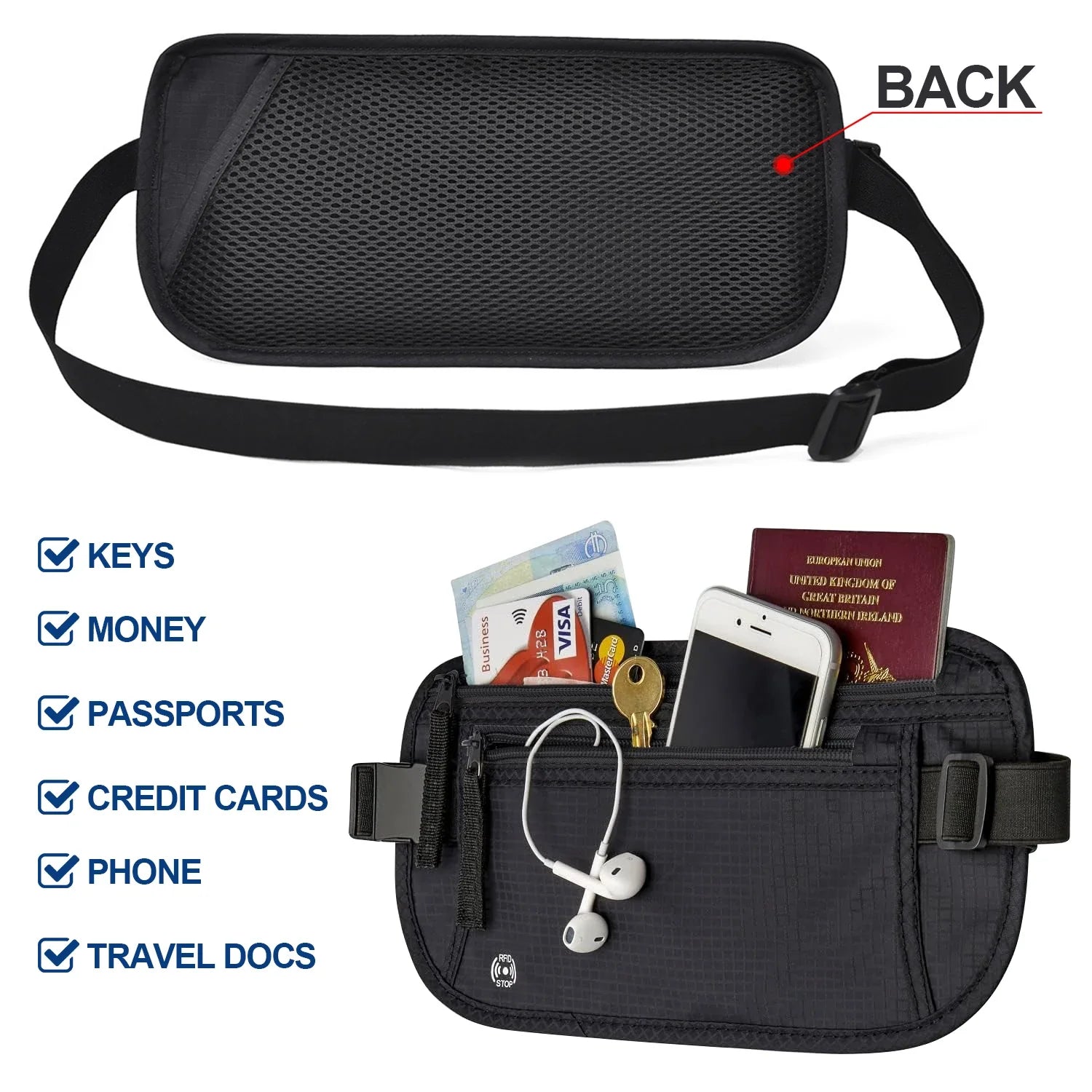 SafeTraveler Riñonera | Protección RFID | Compartimento de seguridad oculto | Para damas y caballeros